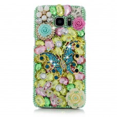 Samsung Galaxy S6 - Luxury Handmade Bling Bling 3D Rhinestone Crystal Pearl Protective Hard Clear Phone Cover Case - Blue Butterfly